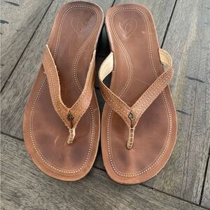 Brown OluKai Leather Flip Flop Sandals